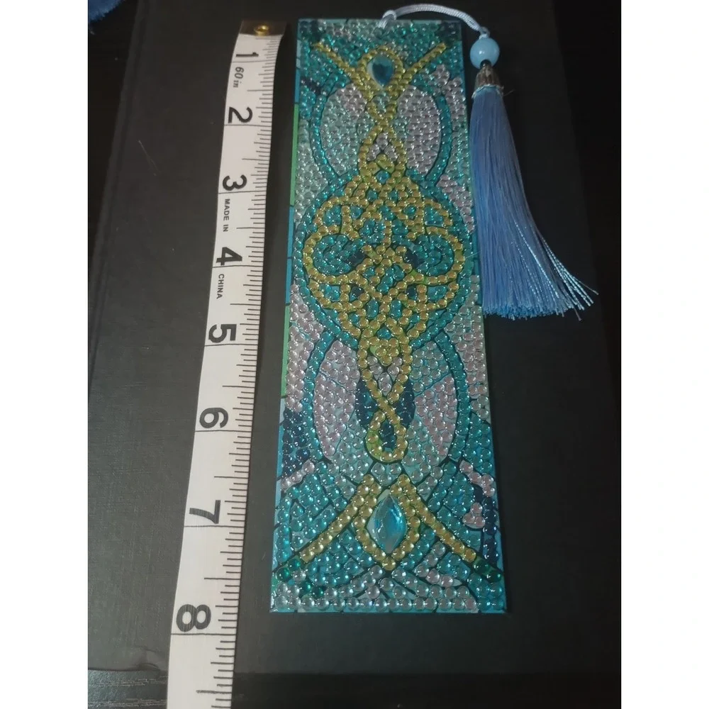 Handmade Diamond Painting Bookmark Blue Celtic Knot Tassel Acrylic 7.75